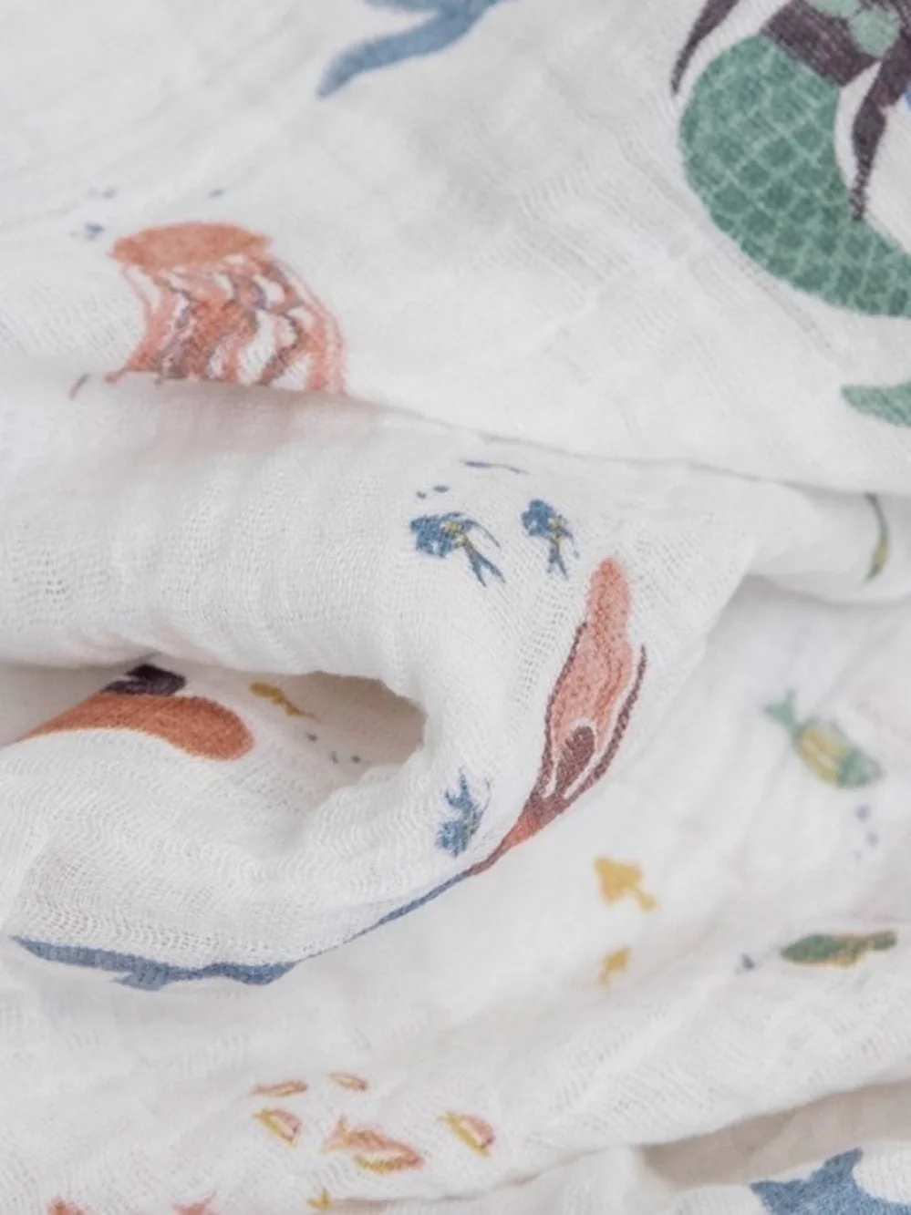 Cotton Muslin Swaddle Blanket - White with Green Turtle & Blue Whale